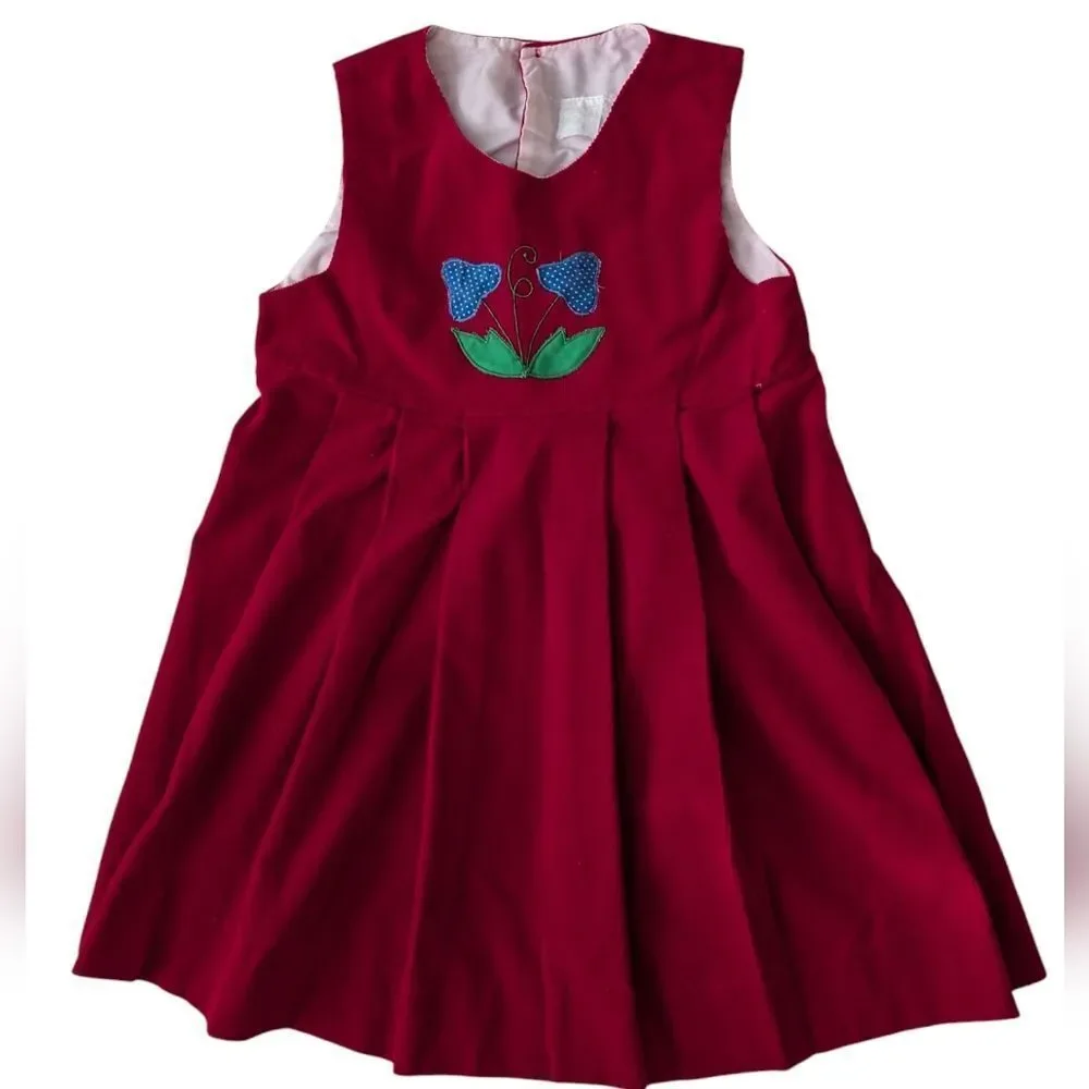 70s Vintage Girls Red Corduroy Mushroom Embroidered Floral‎ Dress